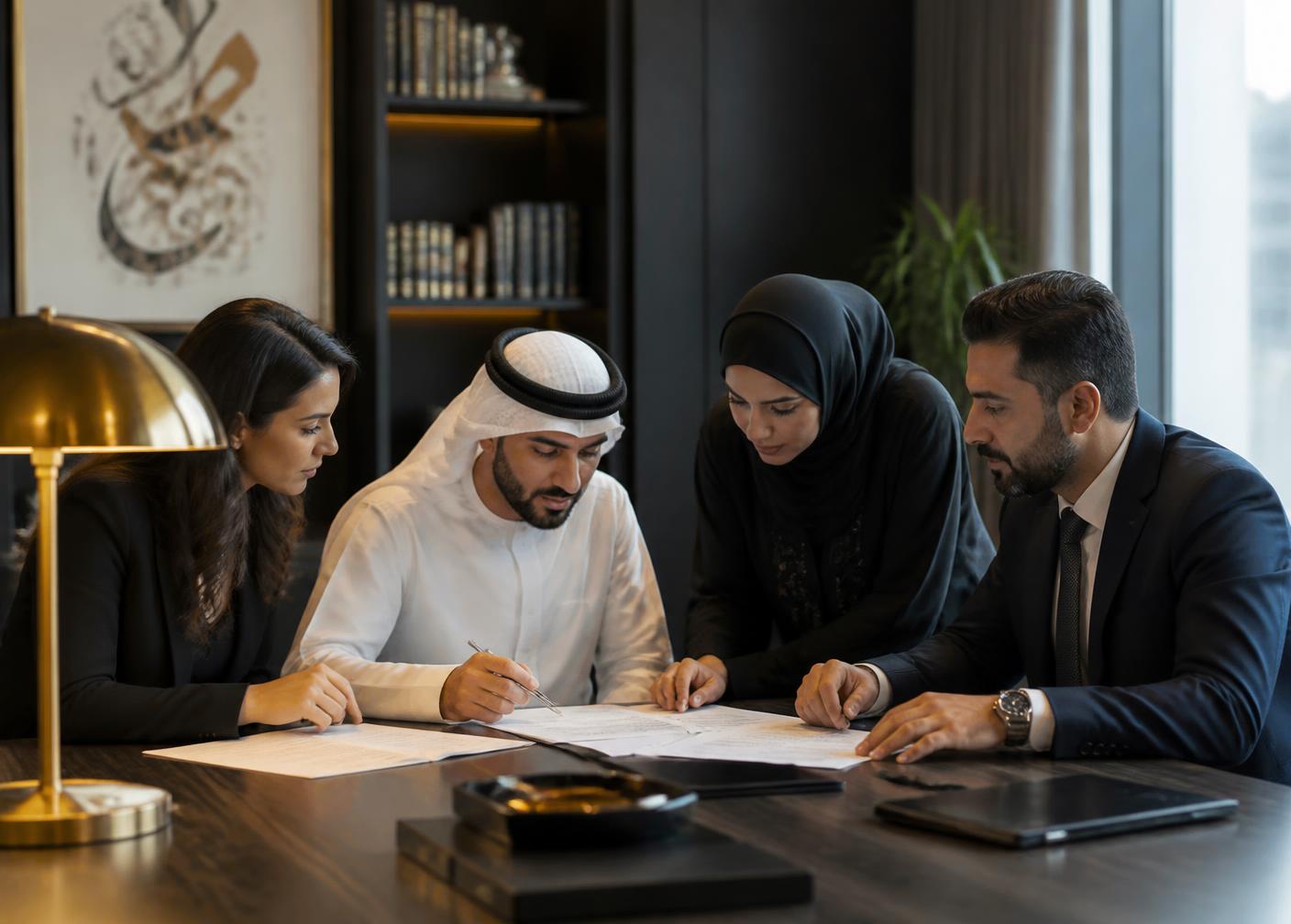 Legal team at AlModaweb reviewing bilingual Arabic and English contracts in Manama