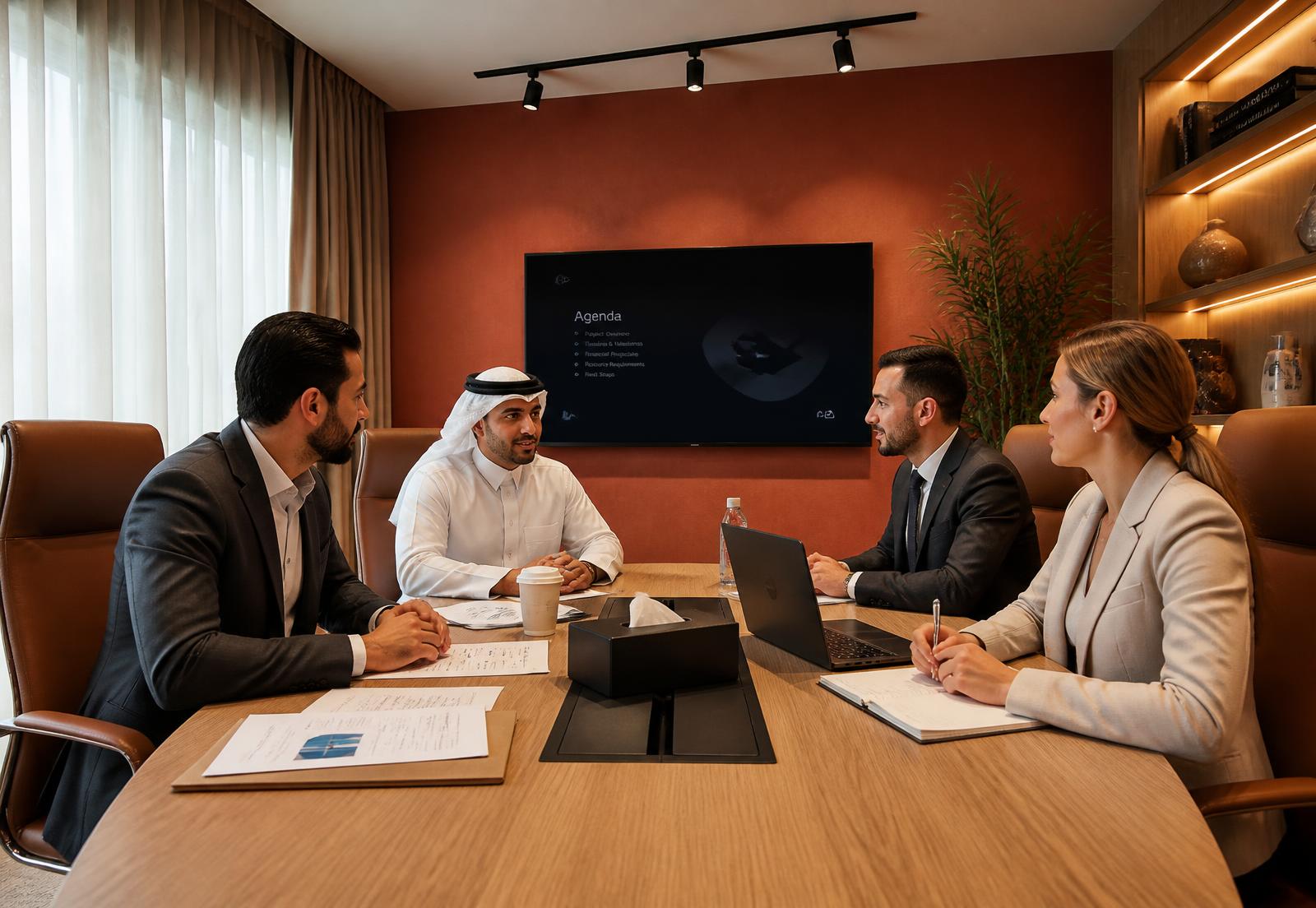 Professional consultants collaborating in a modern boardroom